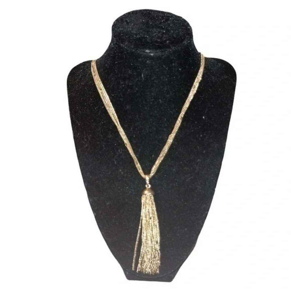 Gold Tone Multi-Strand Tassel Pendant Necklace Long Statement Jewelry